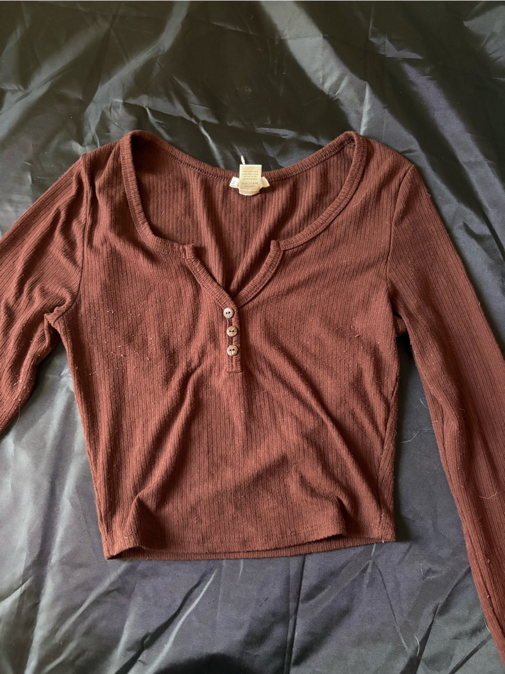 Bozzolo Ribbed Henley Long-Sleeve Top in Dark Brown
